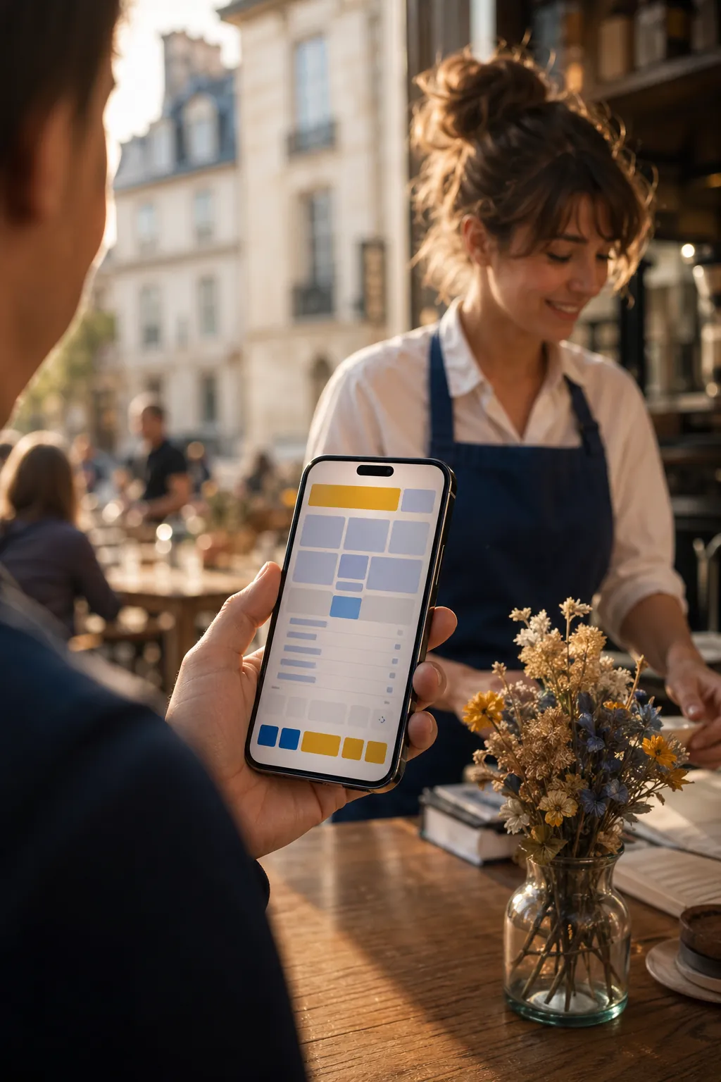 Application de caisse shopcaisse ouverte sur un smartphone tenu en main.