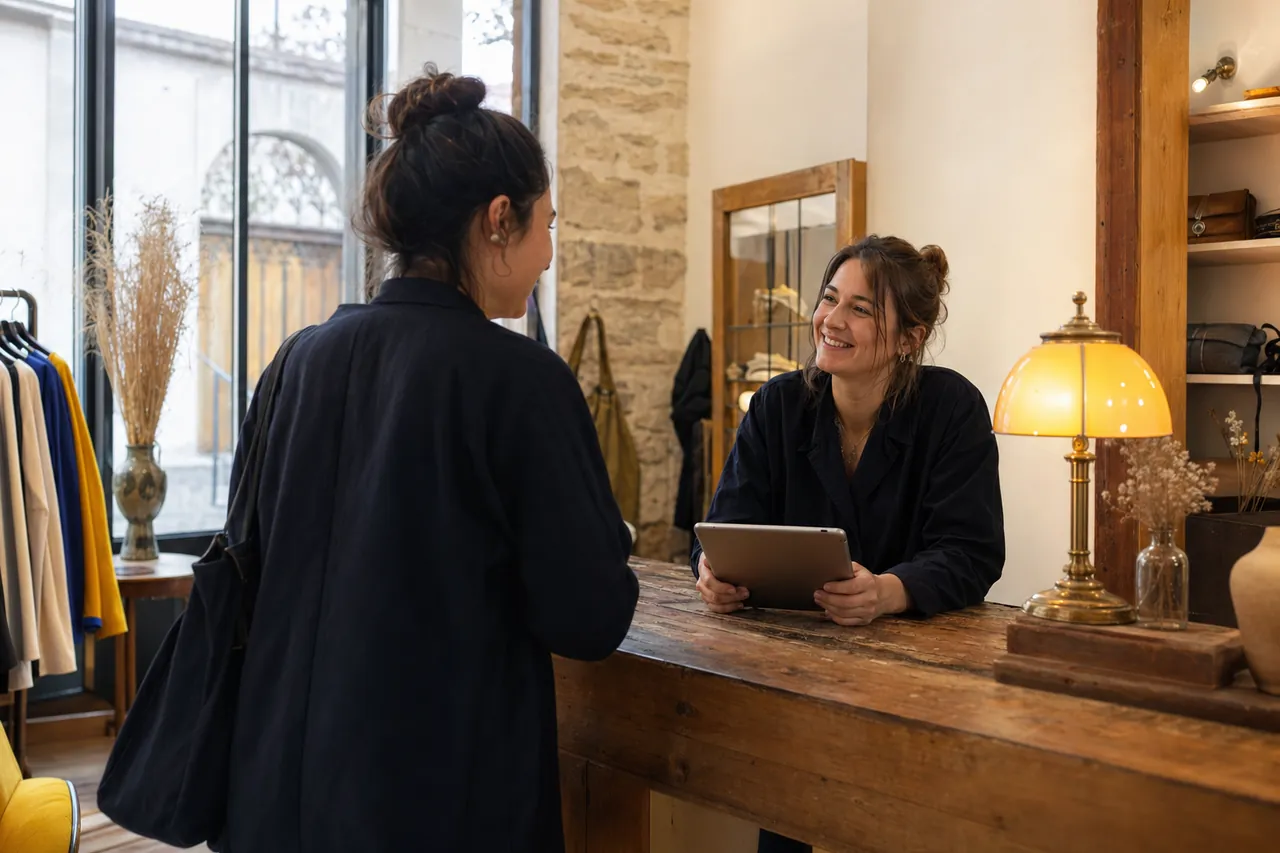 Commerçant utilisant la caisse enregistreuse shopcaisse sur tablette derrière son comptoir.