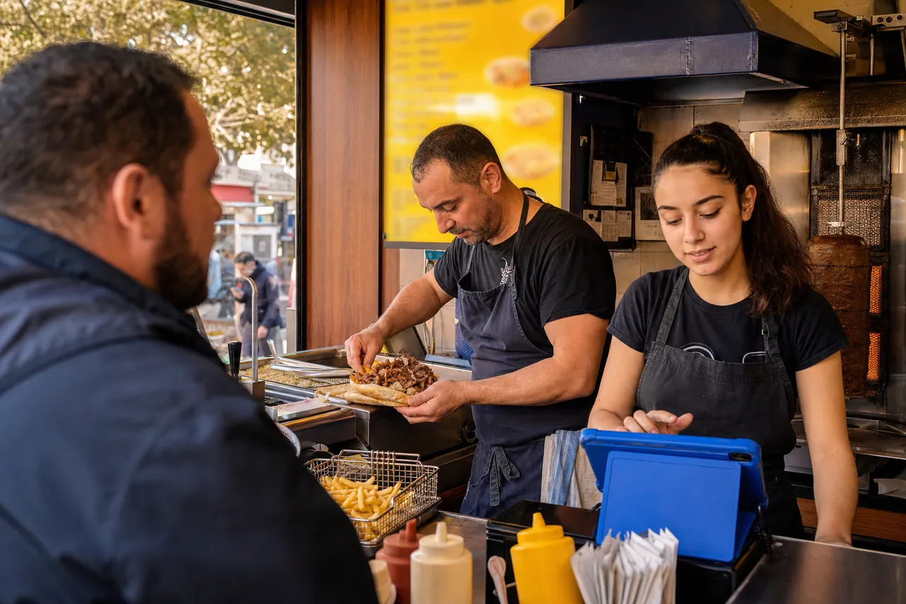 File de clients devant le comptoir d'un stand de food court au pic du midi, encaissement en cours sur tablette.