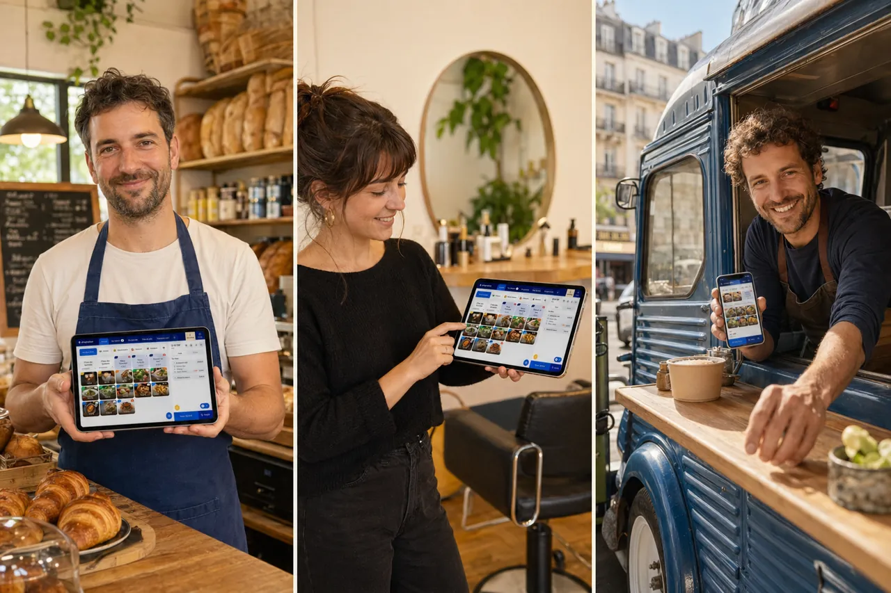 Collage de commerçants de secteurs variés équipés de shopcaisse.