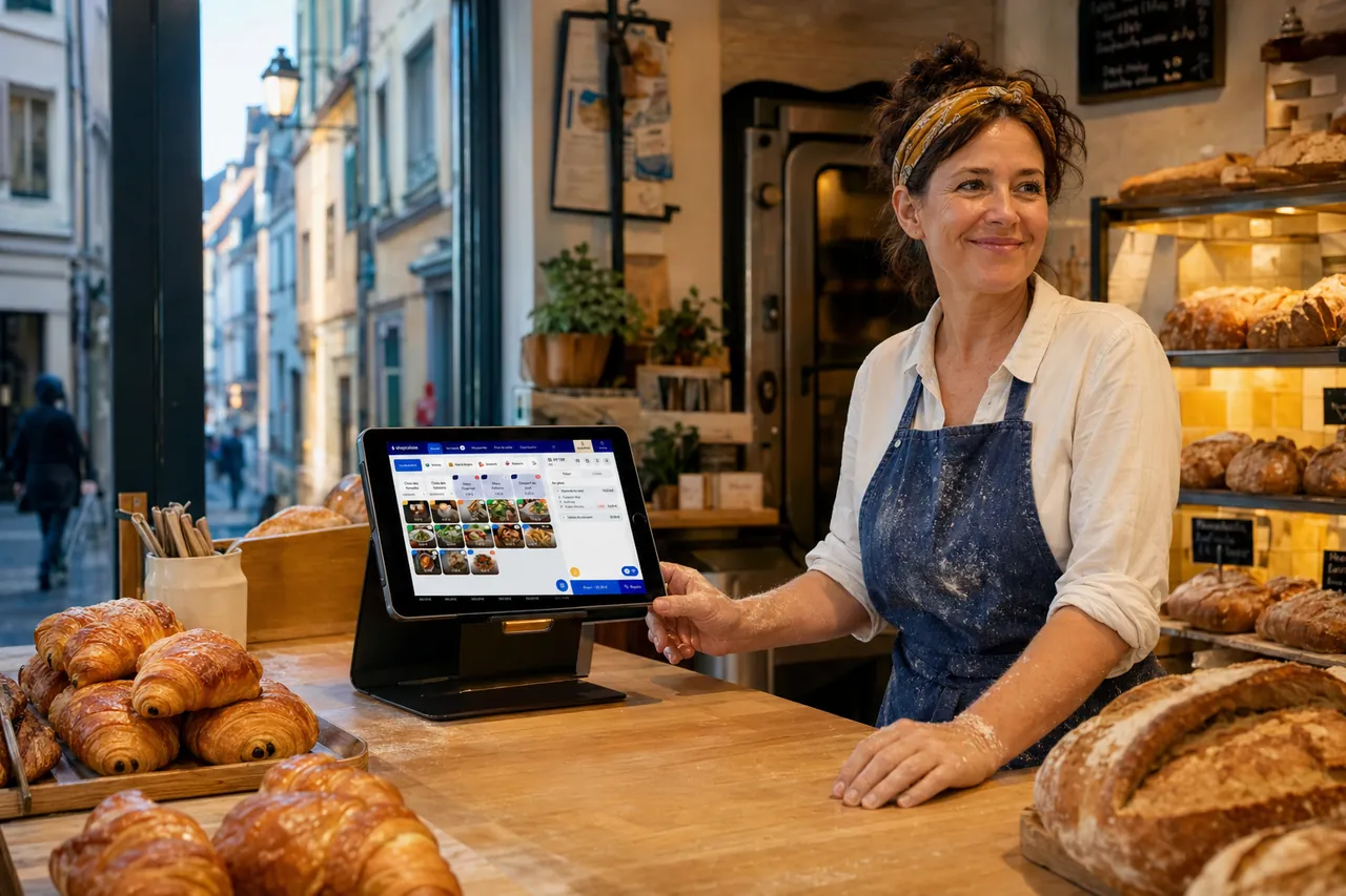 Boulangère encaissant une vente sur une tablette derrière son comptoir.