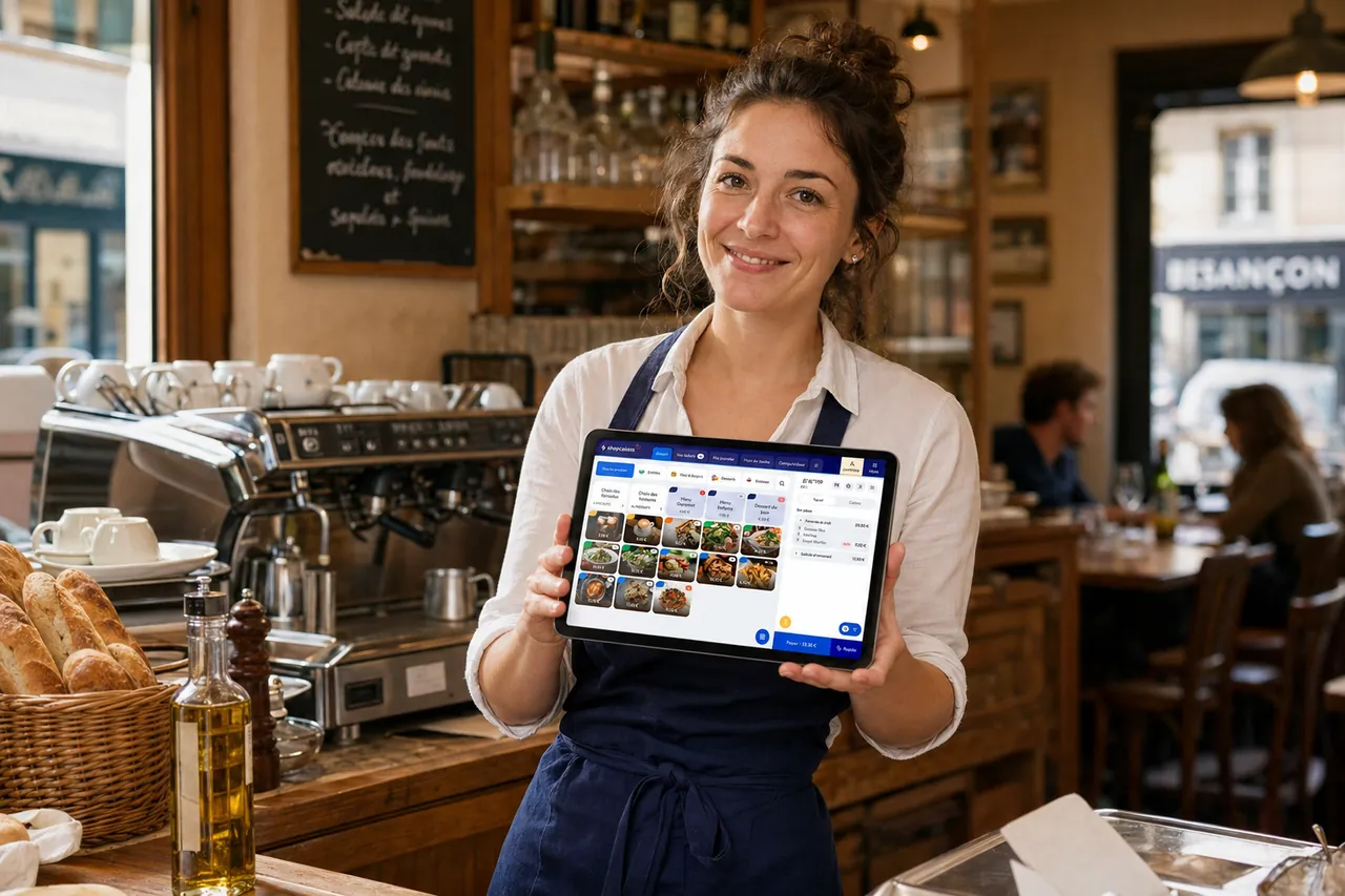 Restauratrice utilisant la caisse iPad shopcaisse au comptoir de son bistro