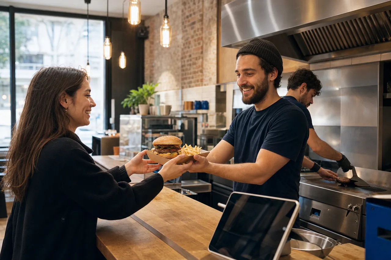 Comptoir de restaurant fast-food avec écrans de menu illuminés affichant les produits disponibles.