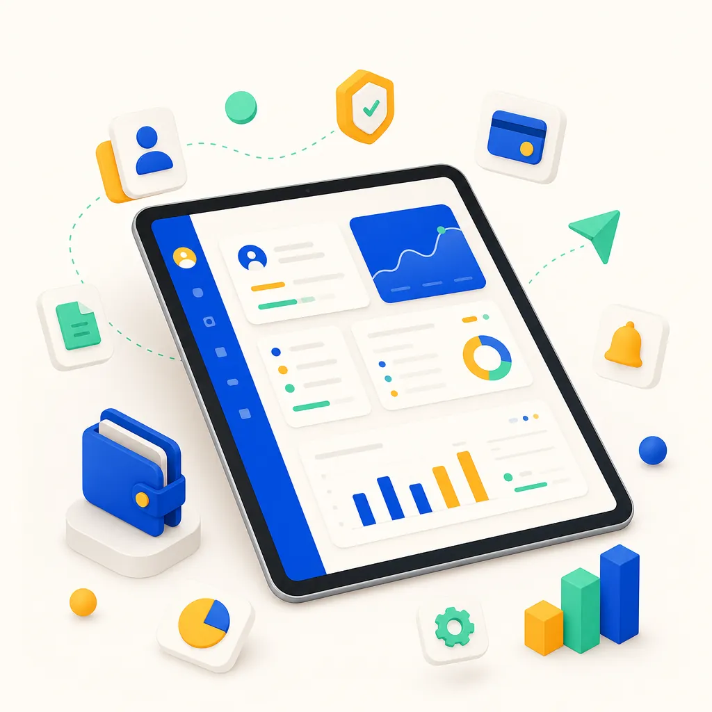 Illustration d'une fiche client shopcaisse sur tablette, avec historique, moyens de paiement et statistiques.