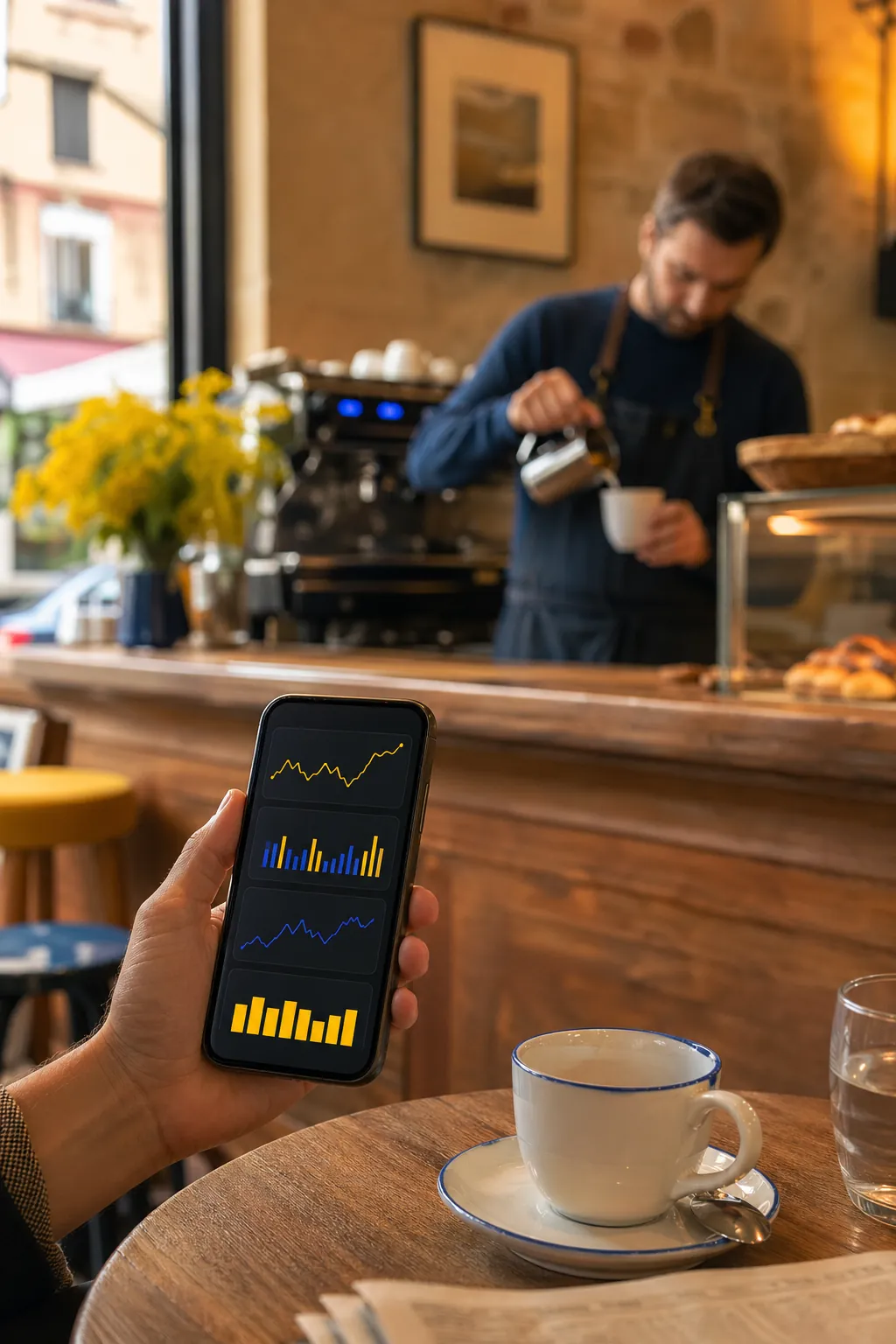 Gérant qui suit l'activité de son établissement en direct sur smartphone avec shopcaisse live