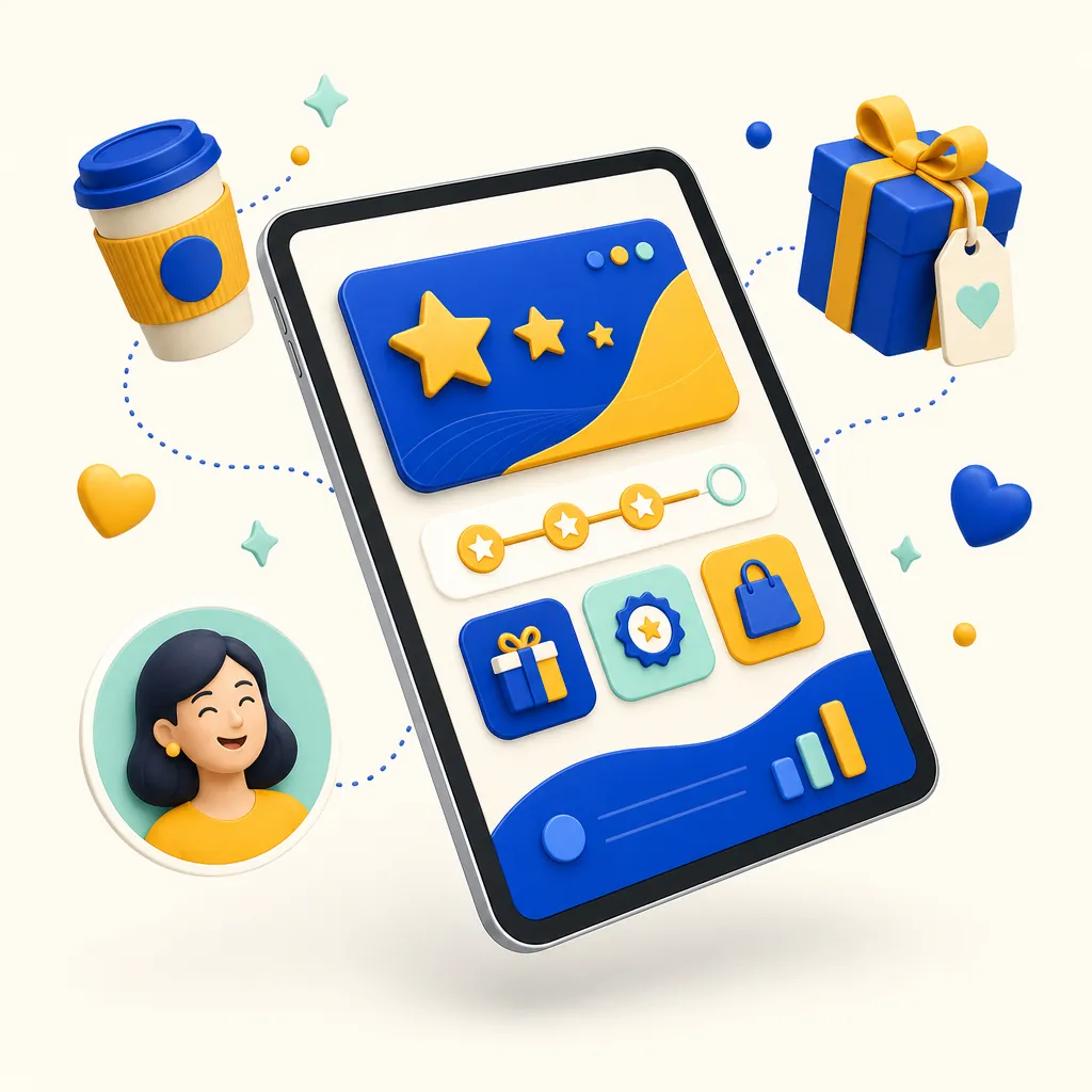 Illustration du programme de fidélité shopcaisse sur tablette, avec cagnotte de points et récompense.