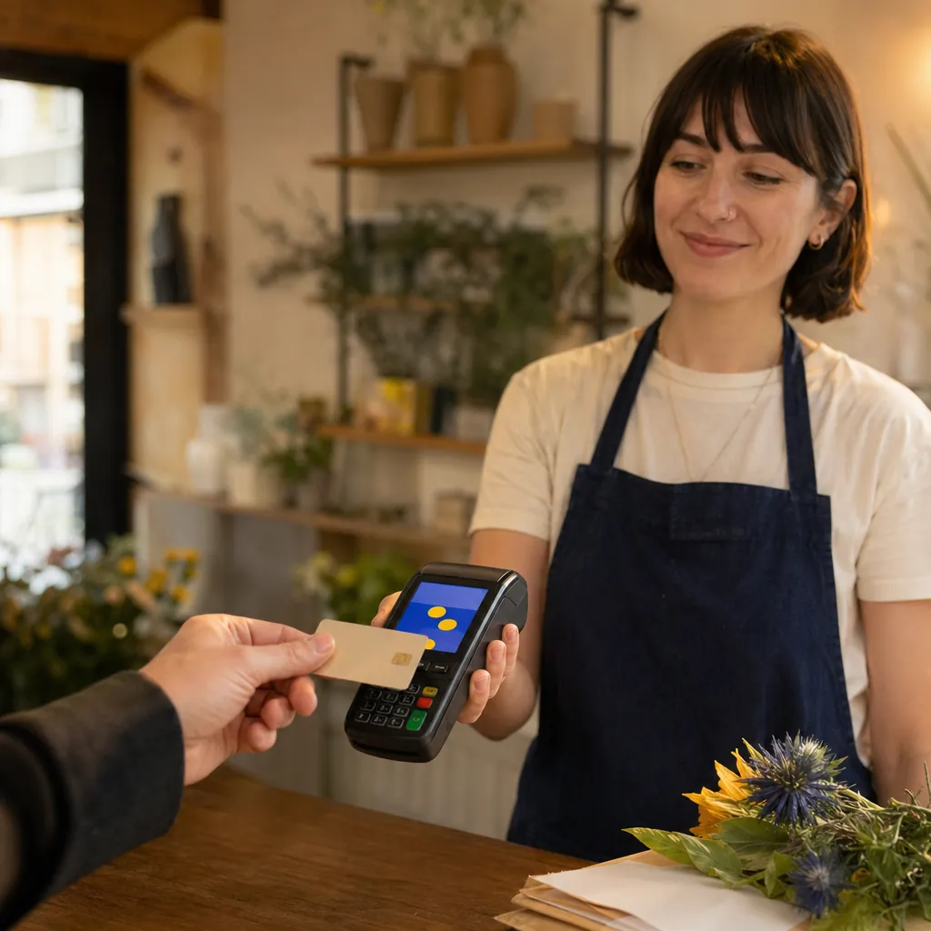 Terminal de paiement compact shopcaisse pay posé sur un comptoir.